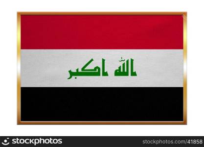 Iraqi national official flag. Irak patriotic symbol, element, background. Iraki banner. Correct colors. Flag of Iraq , golden frame, fabric texture, illustration. Accurate size, color