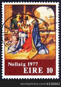 IRELAND - CIRCA 1977: a stamp printed in the Ireland shows Holy Family, Painting by Giorgione, Christmas, circa 1977