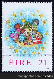 IRELAND - CIRCA 1989: a stamp printed in the Ireland shows Children and Creche, Christmas, circa 1989