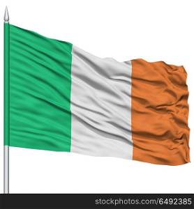 Ireland Flag on Flagpole , Flying in the Wind, Isolated on White Background