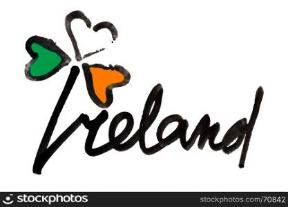 Ireland. Four leaf Irish clover with colors of the Ireland flag and lettering - Raster illustration
