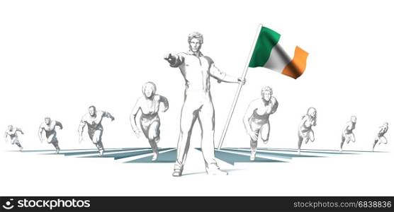 Ireland Racing to the Future with Man Holding Flag. Ireland Racing to the Future