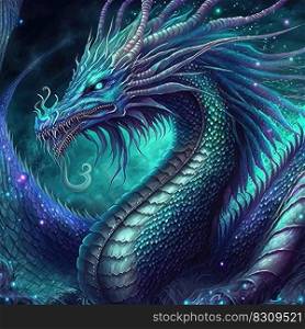 Iridescent blue fantasy dragon in neon colors. Spirit insect portrait. Generative AI. Colorful fantasy dragon. Generative AI. Not based on any actual scene or pattern