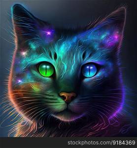 Iridescent psychedelic cat in neon colors. Spirit animal portrait. Generative AI. Not based on any actual scene. Neon iridescent psychedelic cat. Generative AI. Not based on any actual scene or pattern