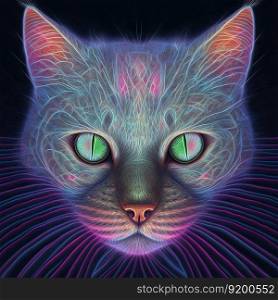 Iridescent psychedelic cat in neon colors. Spirit animal portrait. Generative AI. Not based on any actual scene. Neon iridescent psychedelic cat. Generative AI. Not based on any actual scene or pattern
