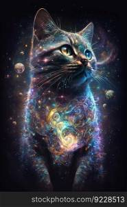 Iridescent psychedelic cat made of stars in night sky, neon colors . Spirit animal portrait. AI. Neon iridescent psychedelic cat made of stars in night sky. AI