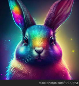 Iridescent psychedelic rabbit in neon colors. Spirit animal portrait. Generative AI. Not based on any actual scene. Neon iridescent psychedelic rabbit. Generative AI. Not based on any actual scene or pattern