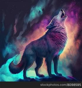 Iridescent psychedelic wolf in neon colors, howling. Spirit animal colorful portrait. Generative AI. Neon iridescent psychedelic howling wolf. Generative AI