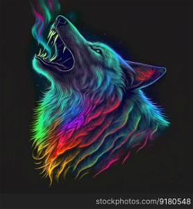Iridescent psychedelic wolf in neon colors, howling. Spirit animal colorful portrait. Generative AI. Not based on any actual scene. Neon iridescent psychedelic howling wolf. Generative AI. Not based on any actual scene or pattern