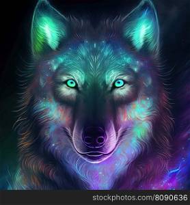 Iridescent psychedelic wolf in neon colors. Spirit animal portrait. Generative AI. Not based on any actual scene. Neon iridescent psychedelic wolf. Generative AI. Not based on any actual scene or pattern
