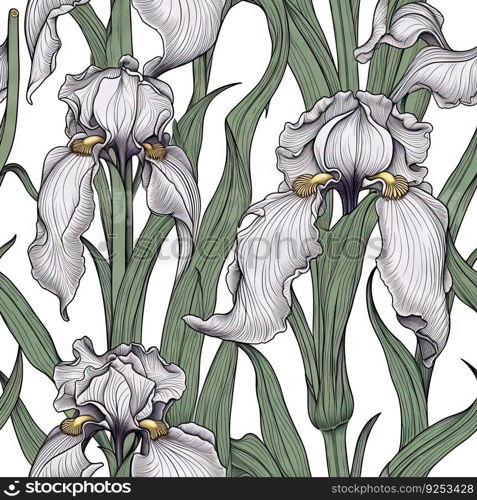 Iris flower seamless pattern. Floral seamless background. Generative AI.. Iris flower seamless pattern. Floral seamless background. Generative AI