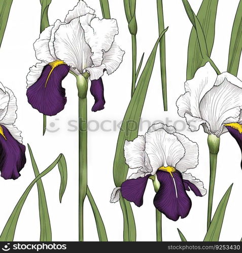 Iris flower seamless pattern. Floral seamless background. Generative AI.. Iris flower seamless pattern. Floral seamless background. Generative AI