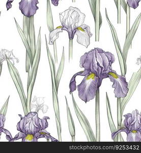 Iris flower seamless pattern. Floral seamless background. Generative AI.. Iris flower seamless pattern. Floral seamless background. Generative AI