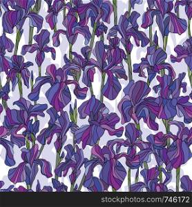 Iris flowers hand drawn vector seamless pattern. Nature petals background in modern style. Floral elegant texture for surface design, textile, wrapping paper, wallpaper, phone case print, fabric.. Iris flowers hand drawn vector seamless pattern. Nature petals background in modern style. Floral texture for surface design, textile, wrapping paper, wallpaper, phone case print, fabric.