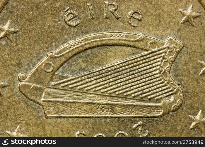 "Irish 50 Euro Cent Coin Obverse Showing the Celtic Harp of Ireland, with the word "Eire""