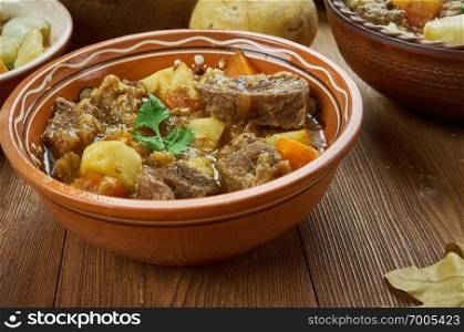 Irish Lamb and Turnip Stew, Irish cuisine, Traditional assorted dishes, Top view.