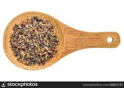 Irish moss seaweed - top view of a wooden spoon isolated on white