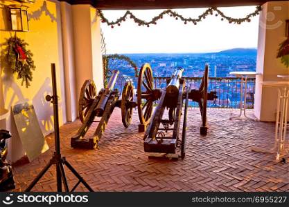 Iron cannons above Graz at sunset view, Styria region of Austria