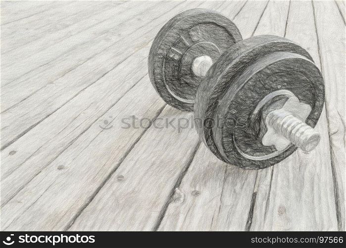 iron dumbbell on a grunge wooden deck - fitness concept, digital charcoal painting effect
