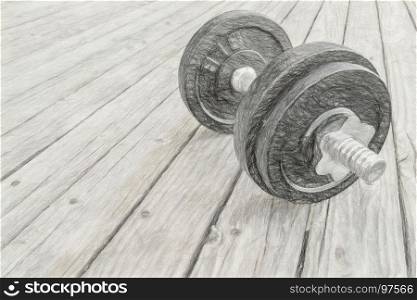 iron dumbbell on a grunge wooden deck - fitness concept, digital charcoal painting effect