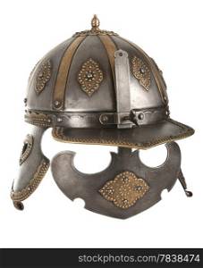 Iron helmet of the medieval knight. Very heavy headdress.