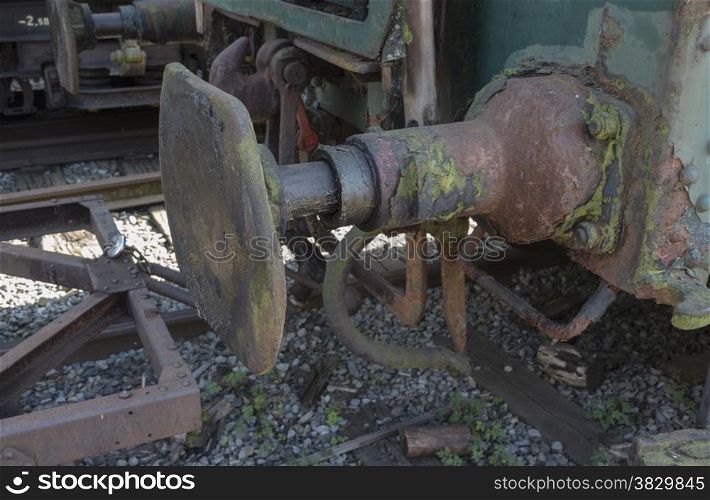 iron old rusted train buffer with railroad track
