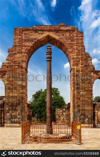 Iron pillar in Qutub complex - metallurgical curiosity. Delhi, India