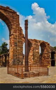 Iron pillar in Qutub complex - metallurgical curiosity. Qutub Complex, Delhi, India