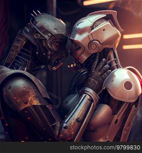 Iron Robots kiss on a dark background. Illustration AI Generative 