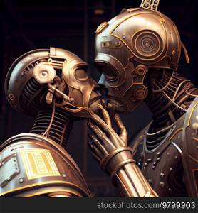 Iron Robots kiss on a dark background. Illustration AI Generative 
