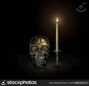 Iron skull and Candle light on a candlestick on a black background, Halloween day concept