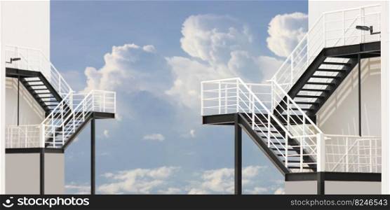 iron stairs painted in black and white color . geometric shape pattern on blue sky white cloud nature background