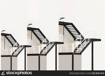 iron stairs painted in black and white color on white wall. geometric shape pattern isolate on white