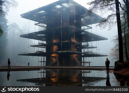 iron structure, dramatic foggy movie scene with fashion models dancing around the garden created by AI