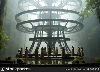 iron structure, dramatic foggy movie scene with fashion models dancing around the garden created by AI