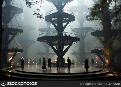 iron structure, dramatic foggy movie scene with fashion models dancing around the garden created by AI