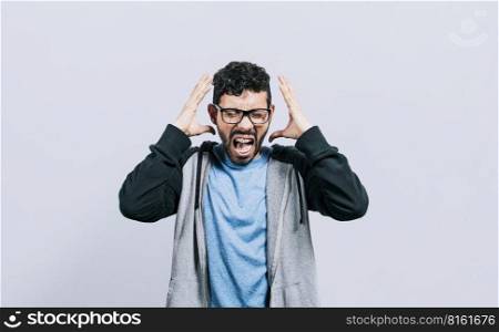 Irritated person screaming with open arms, Stressed people screaming with open hands, Man with open hands screaming angry to the camera