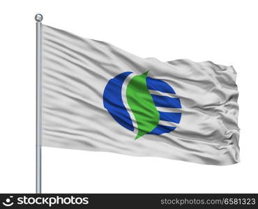 Ise City Flag On Flagpole, Country Japan, Mie Prefecture, Isolated On White Background. Ise City Flag On Flagpole, Japan, Mie Prefecture, Isolated On White Background