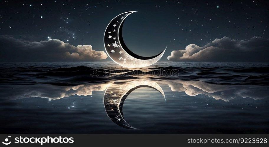 Islam crescent star in night sky Ramadan illustration. AI generative.