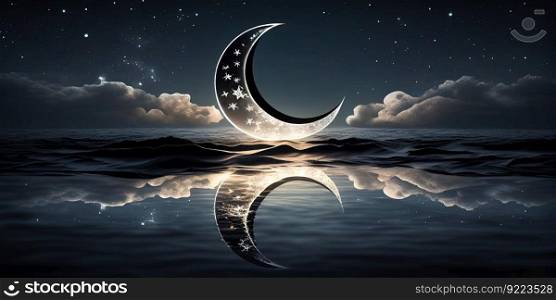 Islam crescent star in night sky Ramadan illustration. AI generative.