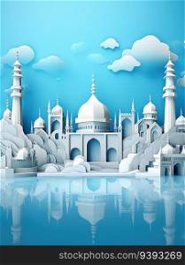 Islamic Architecture in Paper 3D Paper Cut Craft Illustration with Minimal Style. Ramadan Kareem 3d abstract paper cut illustration. For print, web design, UI, poster and other.
