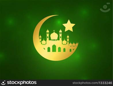 Islamic greeting card on green background. Vector illustration. Ramadan Kareem