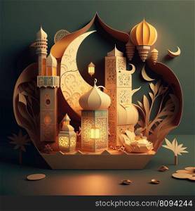 Islamic holiday banner template with Ramadan glowing light, lantern, moon and mosque window portal. AI. Islamic Ramadan holiday banner with glowing lantern, moon and mosque window portal. AI