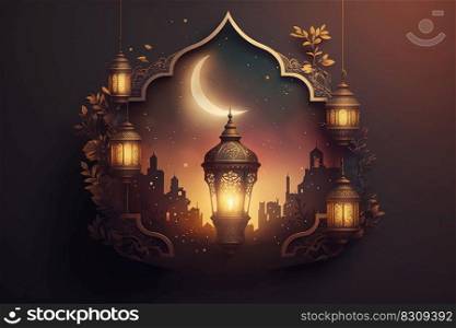 Islamic holiday banner template with Ramadan glowing light, lantern, moon and mosque window portal. AI. Islamic Ramadan holiday banner with glowing lantern, moon and mosque window portal. AI
