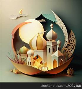Islamic holiday Ramadan banner template with moon and mosque in city. AI. Islamic Ramadan holiday banner with moon and mosque. AI