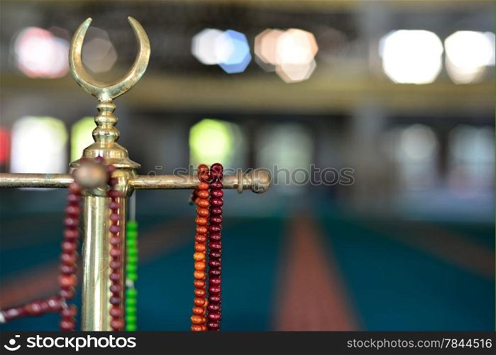 Islamic prayer beads hanging in the mosque
