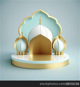 Islamic theme product display background in 3d rendering illustration design, Mosque portal frame with podium or stage and empty space.