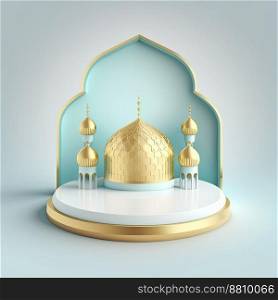 Islamic theme product display background in 3d rendering illustration design, Mosque portal frame with podium or stage and empty space.