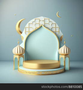 Islamic theme product display background in 3d rendering illustration design, Mosque portal frame with podium or stage and empty space.