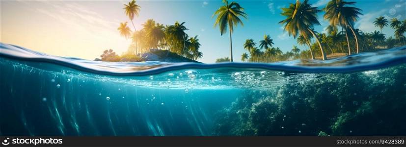 Island in ocean, abstract see environmental background. Long banner with view on under water life, deep blue water and palm trees on the shore. Island in ocean, abstract see environmental background. Long banner with view on under water life, deep blue water and palm trees on the shore.
